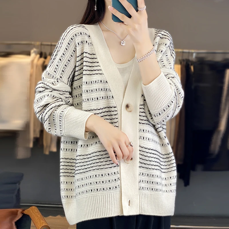 

Long V-neck 100 Pure Wool Cardigan Women Dotted Jacquard Color Matching Sweater Coat Loose Cashmere Knit Top