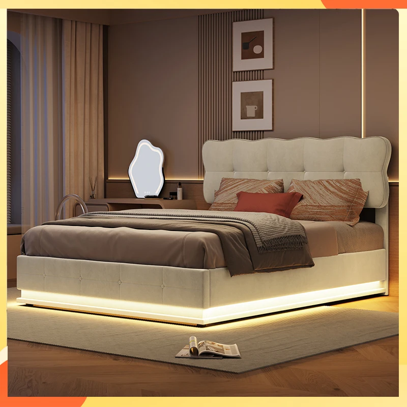 Lit ottoman en velours Anajqaqia avec système de levage à gaz, rangement et éclairage LED, cadre de lit rembourré 140x200 160x200cm, beige, mobilier de chambre
