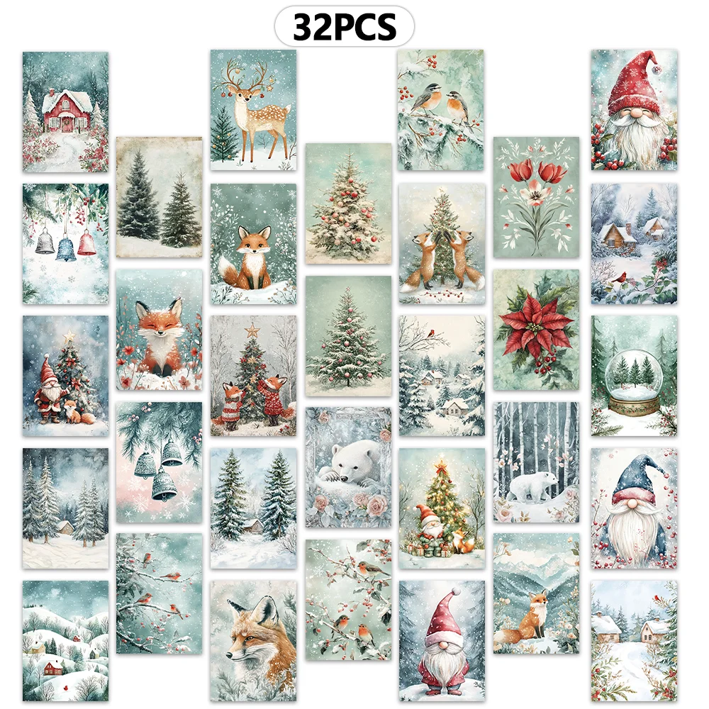 32 Stück Wald-Weihnachtsschneeflocken-Fuchs-Postkarten, günstige Schlafzimmerdekoration, dicker Karton, hochauflösender Druck, Geschenkkollektion – Detail 1