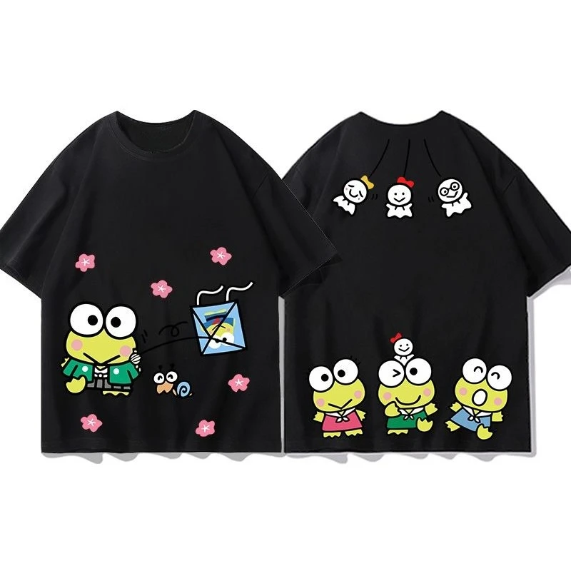جديد Keroppi الكرتون تي شيرت أبيض الصيف سانريو المرأة حجم كبير القطن الخالص تي شيرت Y2K فضفاض عادية كم قصير #3