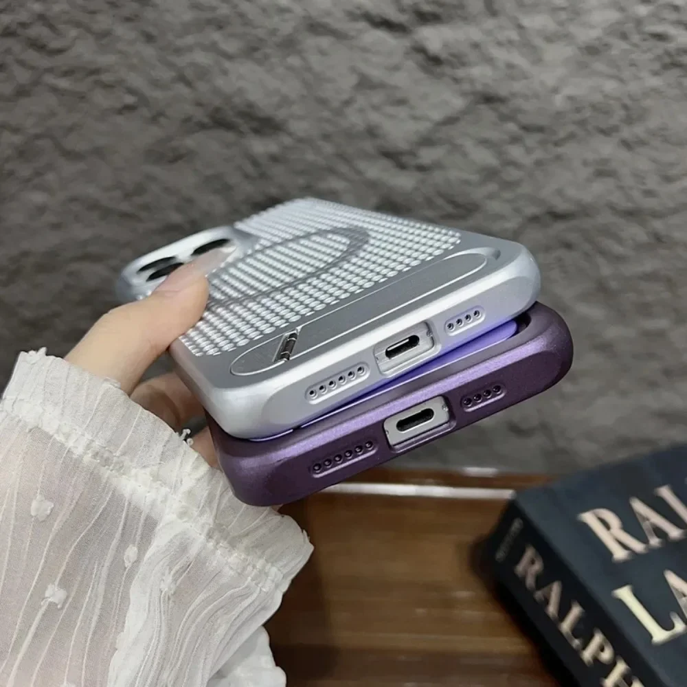 Luxury Matte Magnetic Phone Case for IPhone 15 14 13 12 11 Pro Max Plus Stand Heat Dissipation Hollow Stand Cover