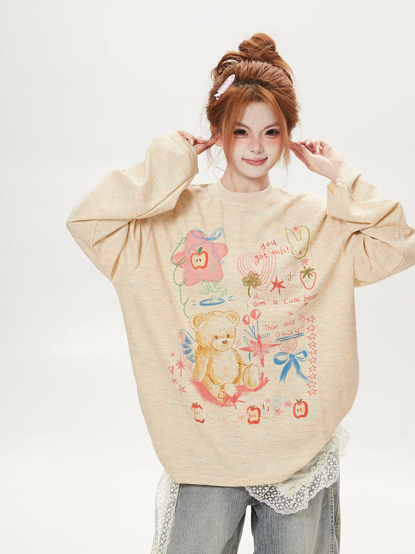 Creative Graffiti Cartoon Bear Print Long Sleeve T-Shirt Women's Loose Casual Elegant Top Ant Theme Autumn Fashion Ladies' Tee