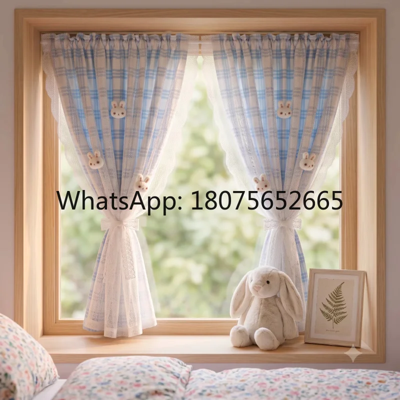 Dopamine ins style milk blue plaid door curtain korean style double layer lace small fresh half curtain kitchen partition