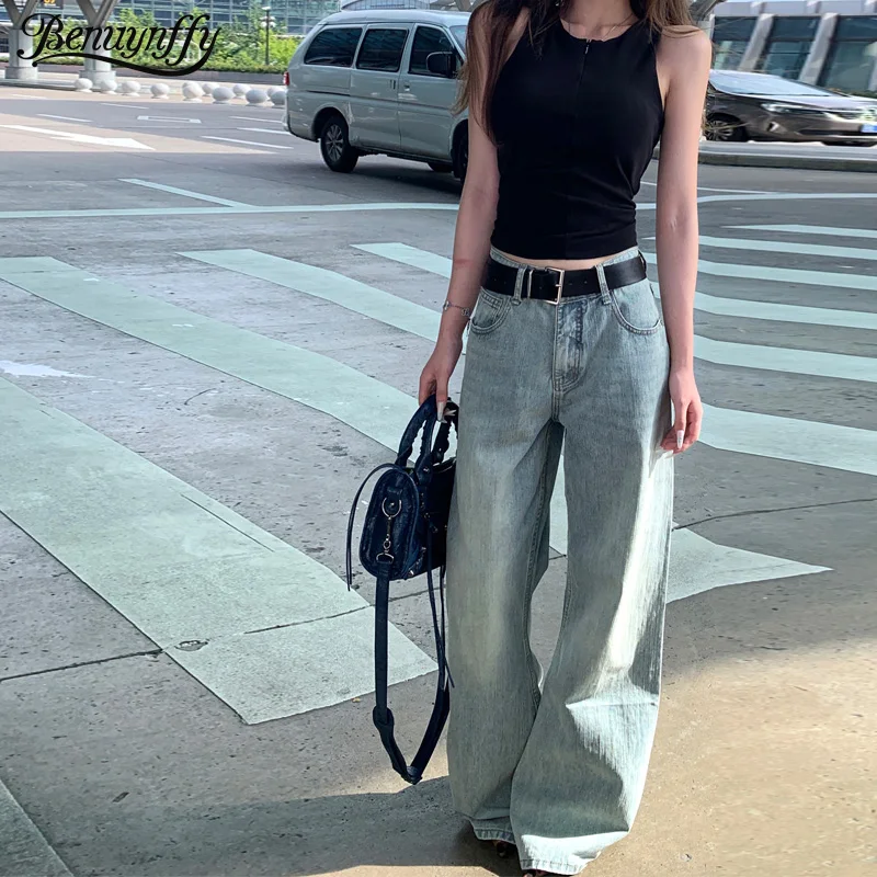 

Benuynffy Vintage Loose Women's Jeans 2025 Autumn Korean Fashion Straight Washed Denim Pants High-waisted Wide Leg Trousers