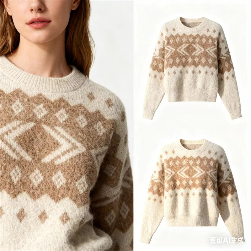 

Women's Beige Knitted Sweater with Brown Fair Isle Pattern - Crew Neck Long Sleeve Pullover for Winter Casual Wear