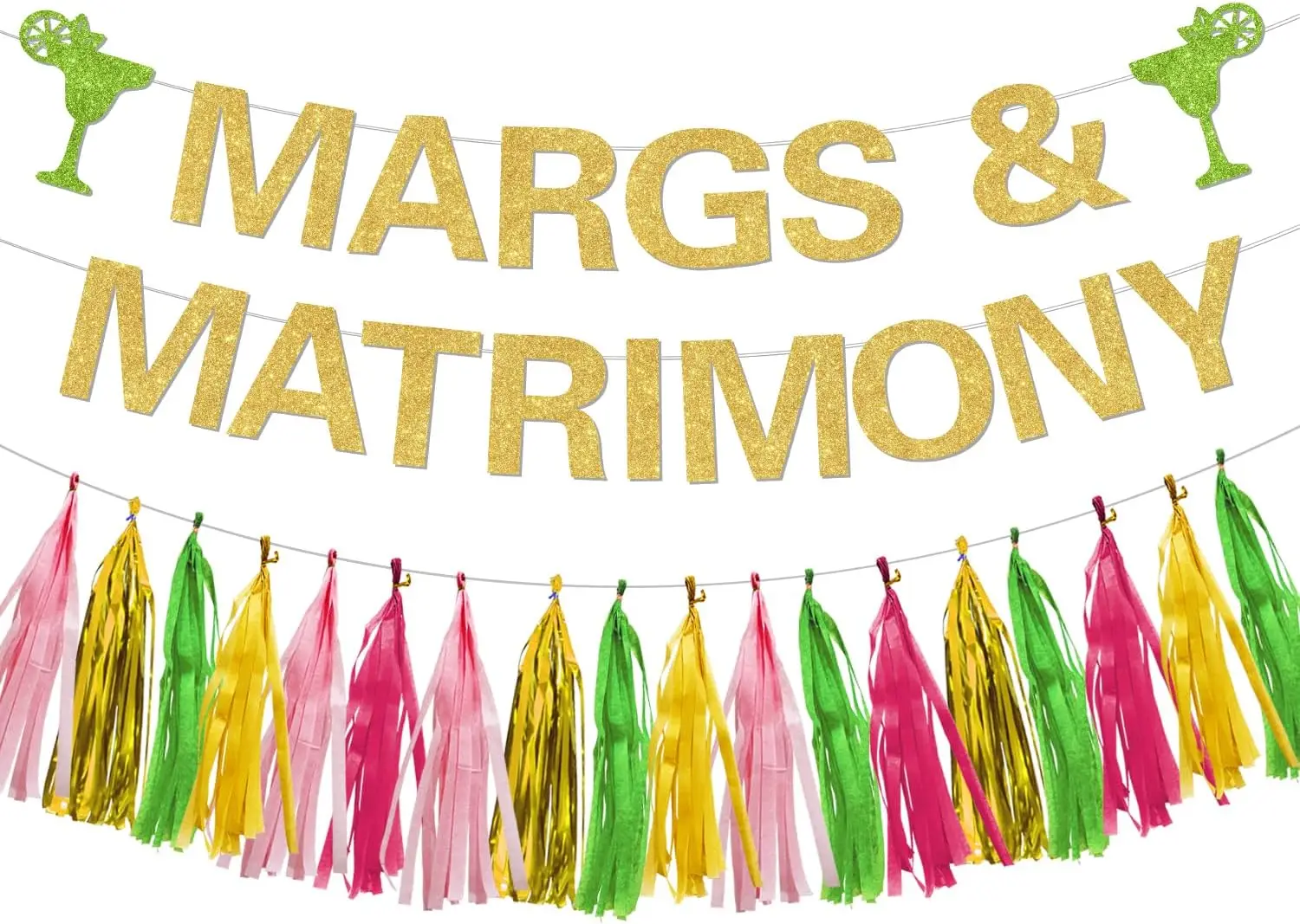 FUNMEMOIR-Margs and Matrimony Bachelorette Party Decor, Gold Glitter Garland, Paper Tassel Banner, Bridal Shower Supplies