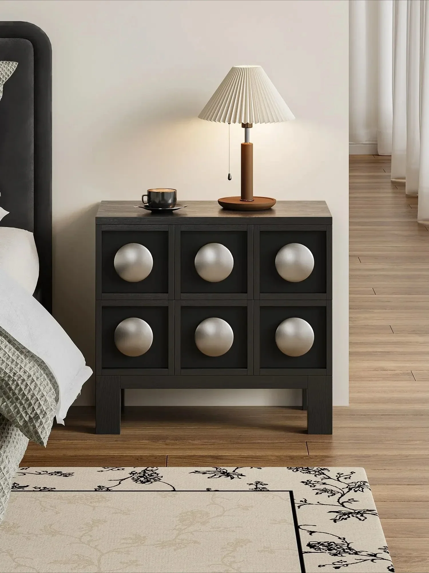 Solid wood bedside table modern, bedroom master bedroom black, side cabinet small side storage