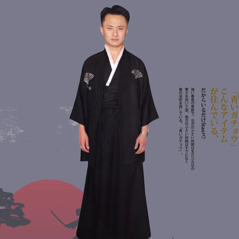 Cotton Japanese Traditional Samurai Kimono For Men Yukata Bathing Robes Loose Style Sauna Wear Long Gown Japanese Chef's Costume