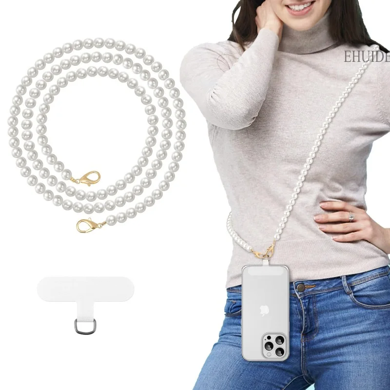 

Роскошный жемчужный ремешок для телефона, длинное ожерелье через плечо, цепочка, пластиковый ремешок с ручным бисером, анти-потерянные ключи, универсальный чехол для телефона с зажимом