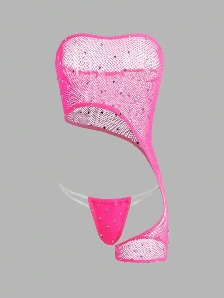 

Комплект из 2 предметов: асимметричное боди из прозрачной сетки с декором из страз + стринги