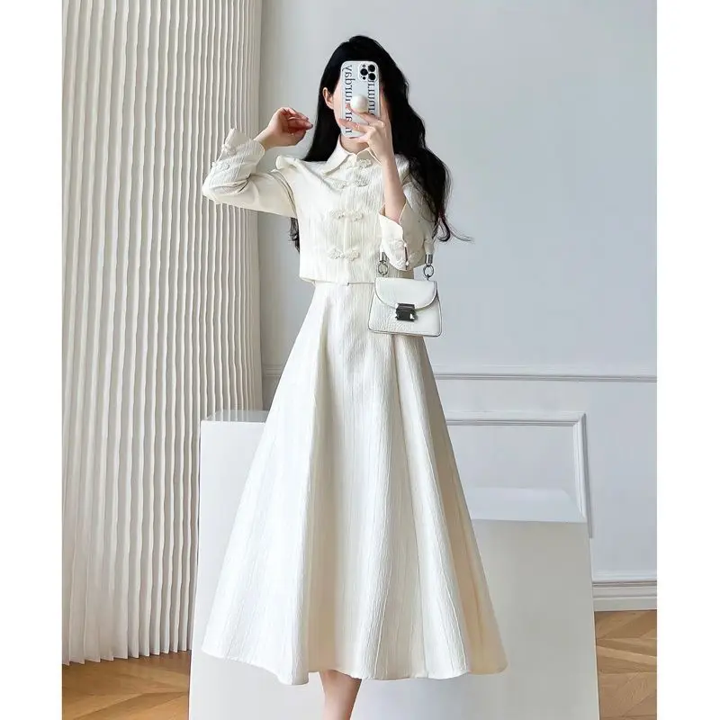 Insozkdg Spring Autumn Dress Suits Solid Button Up Tops + High Waist A-line Big Swing Elegant  Two Piece Suit  Street