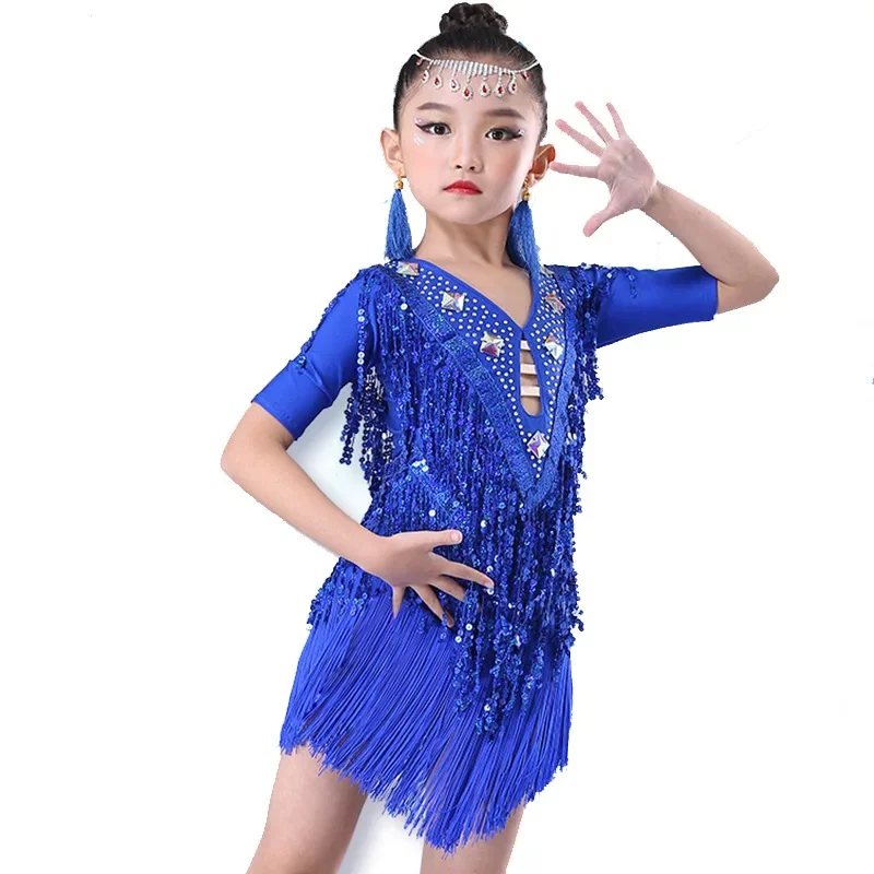 Детские костюмы для латинских танцев, платья с кисточками для девочек, детские латинские платья, костюмы для соревнований с блестками