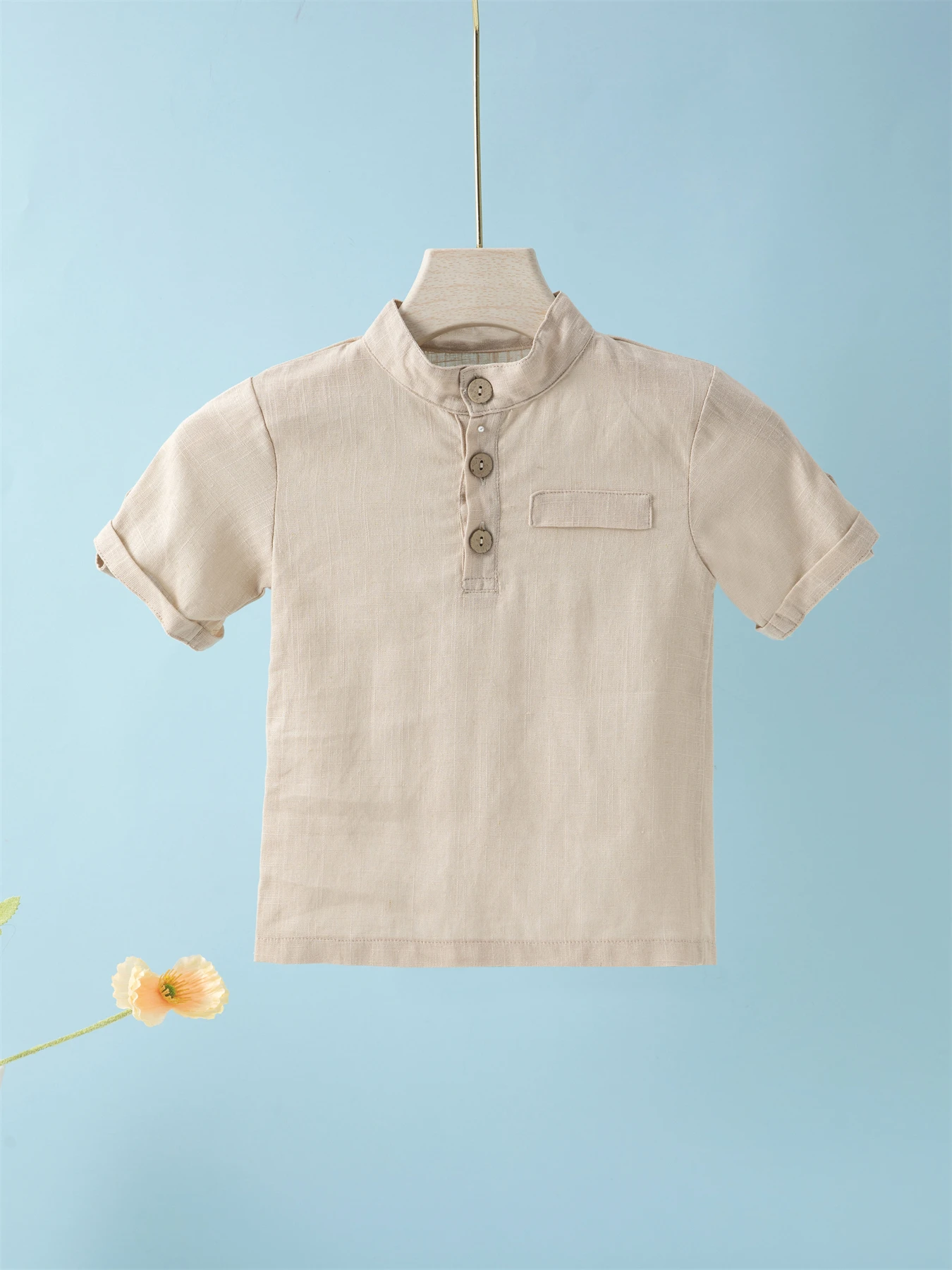 Short Sleeve Polo Shirt for Children Casual Mandarin Collar Solid Color Cotton-Linen Blend Thin Summer