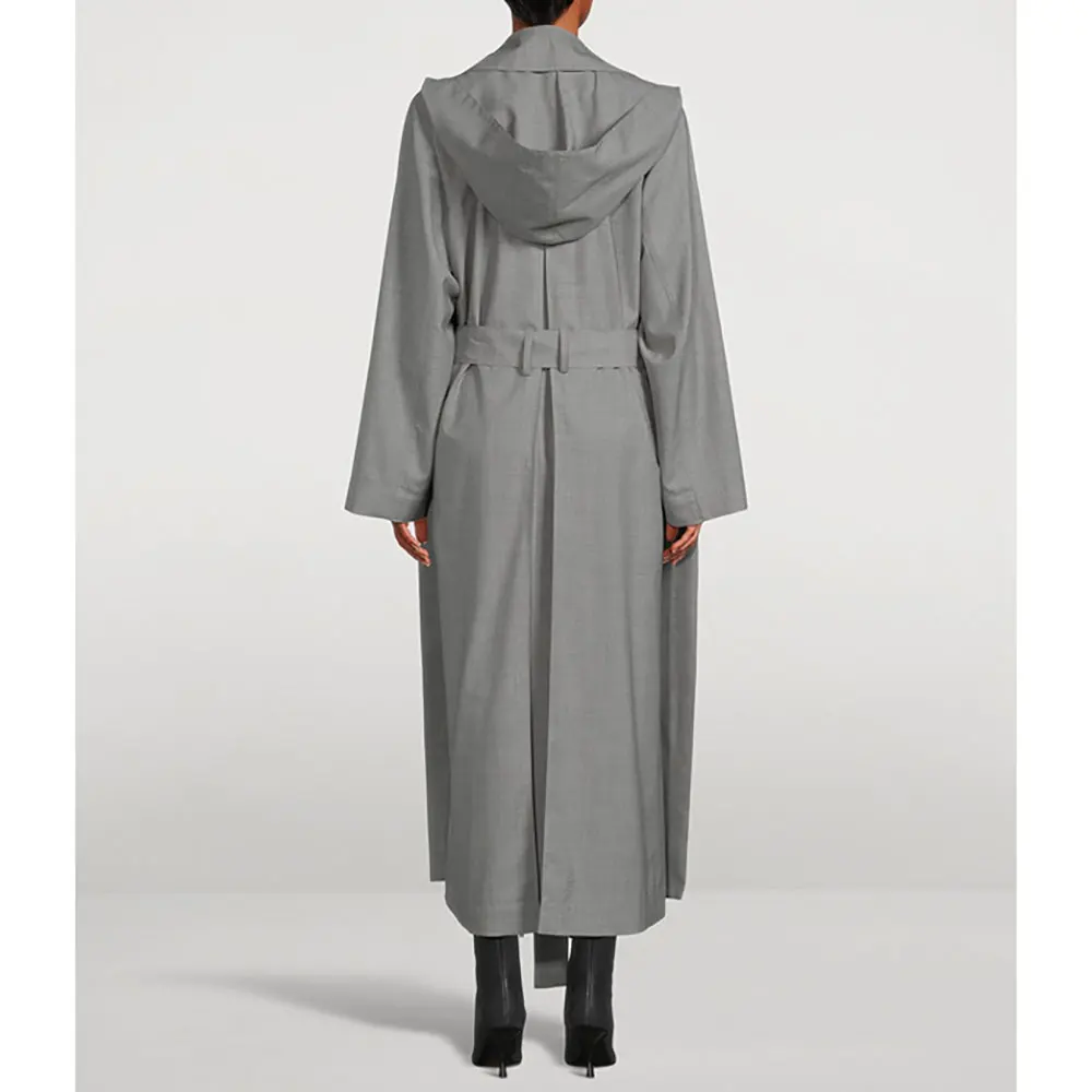 Simple R0*Wool Trench Coat Women 24ss Spring And Summer New Removable Hat Tie Belt Long Windbreaker Jacket