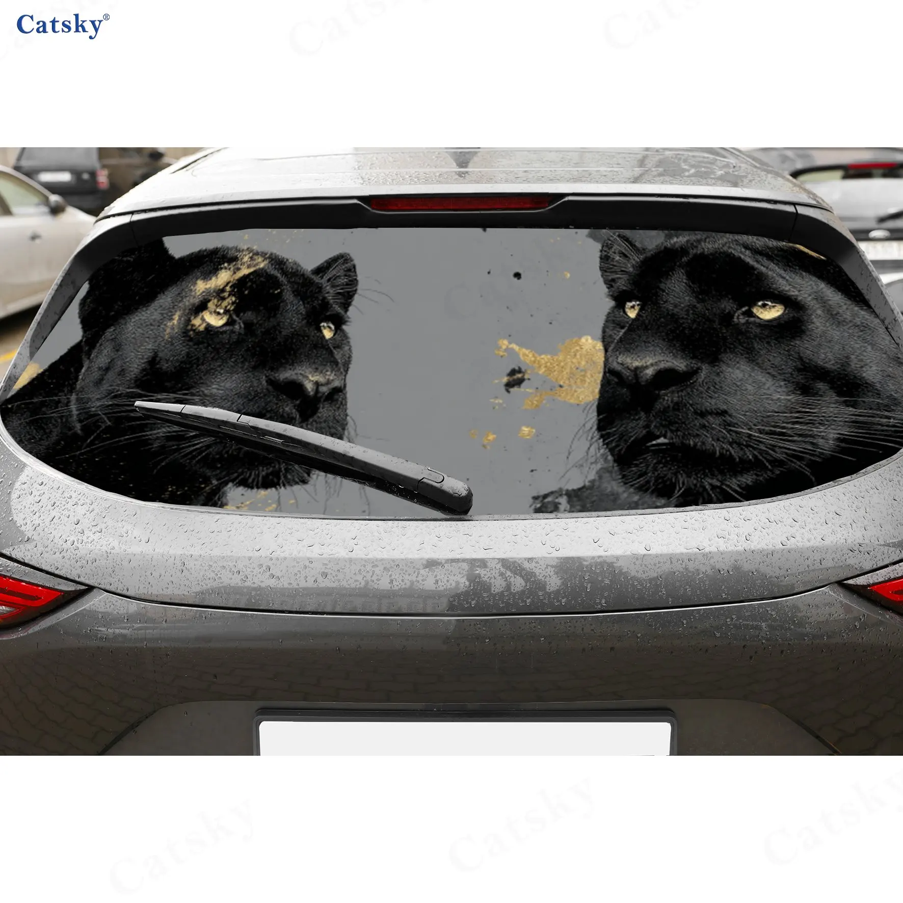 Golden Pattern Panther Dominant Wild Pattern PVC Perforated Car Vinyl Wraps, Durable Car Rear Windshield Sticker, Waterproof Car