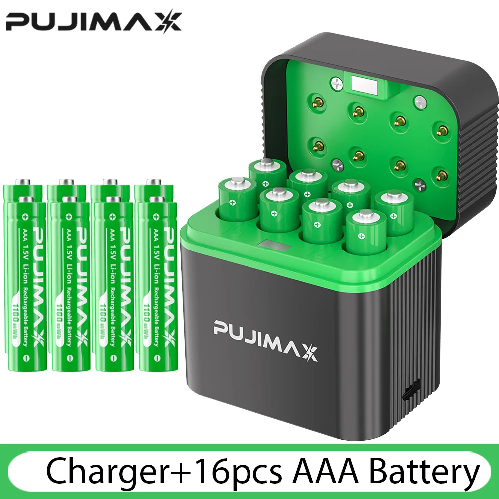 PUJIMAX 1,5 V AAA 1100 mWh oplaadbare lithium-ionbatterij met slimme batterijlader SET batterijen individueel beschikbaar