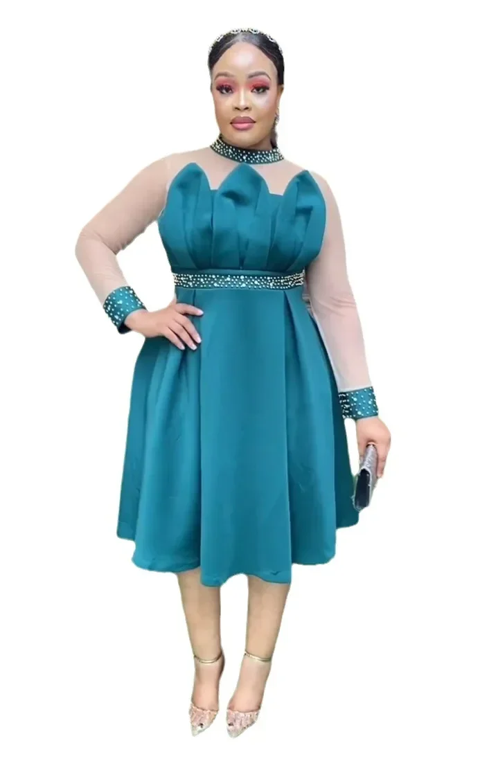 

2023 African Wedding Party Dress for Women Autumn African Long Sleeve O-neck Green Blue White Polyester Dress African Clothes