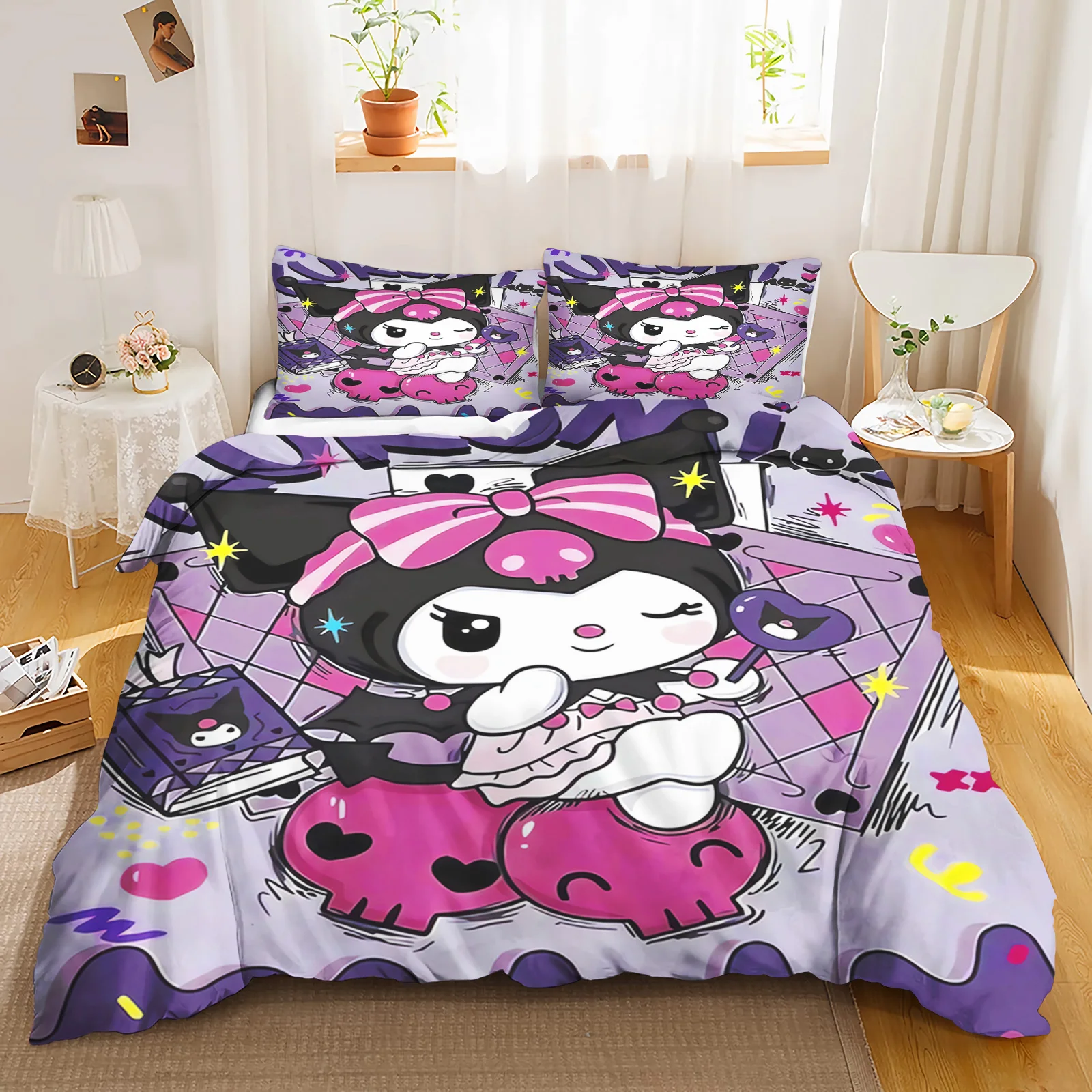 3PCS MINISO Kuromi Duvet Cover Set Bedding Set Queen Size  Twin Bedding Set for Boys Girls  Students Reactive Printing Polyester