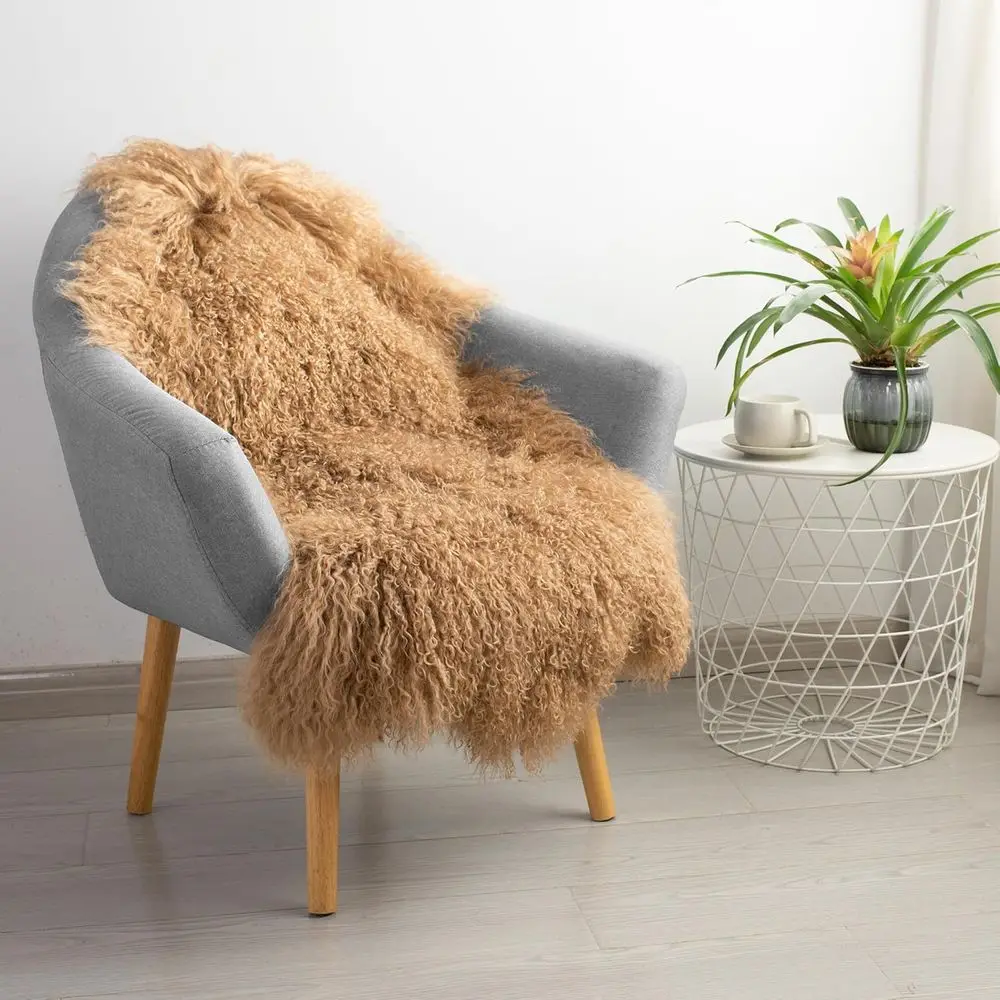 Authentic Lightweight Fluffy Mongolian Wool Sheepskin Rug, 2x3ft, for Couch, Bed, Bedroom, Living Room, Camel