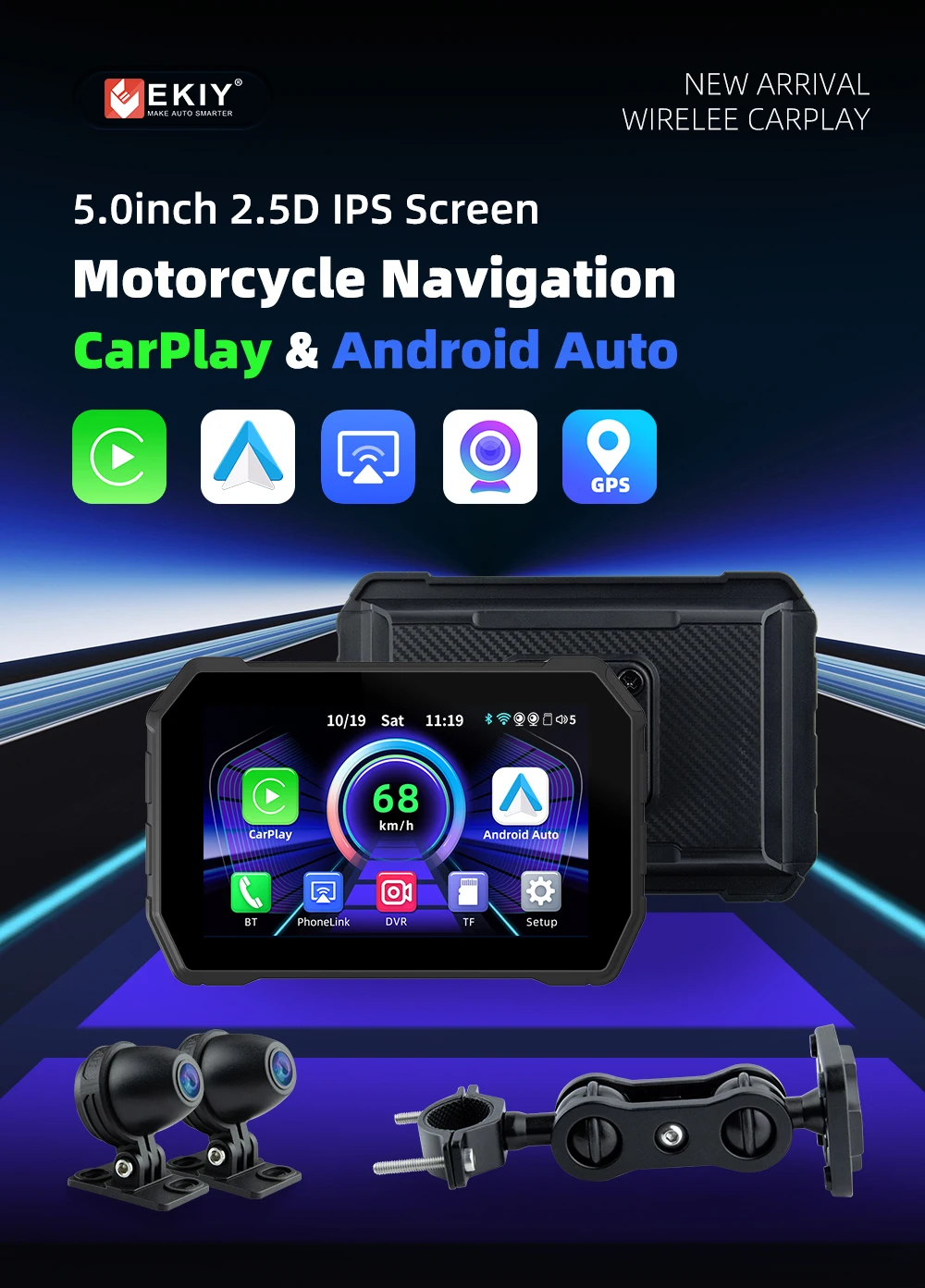 EKIY Carplay Display Screen Portable Motorcycle Android Auto GPS 5 inch New Design MOTO Navigation Speed GPS Accessories