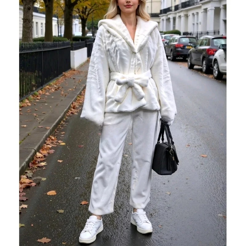 Luźny płaszcz ze sztucznego futra, nowy, zimowy, damski, modny, długi płaszcz ze sznurkiem, z kapturem, rozpinany kardigan, odzież wierzchnia.