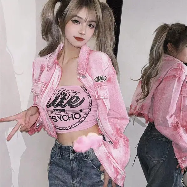 

Pink Washed Ripped Denim Short Jacket 2024 Autumn New Niche Design Hot Girl Loose Fashion Versatile Jacket Top