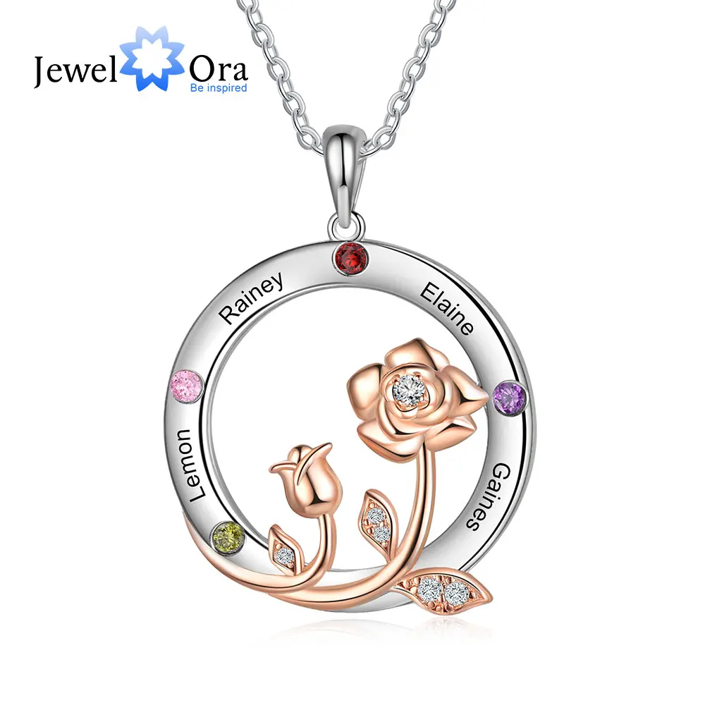 Customized Romantic Rose Flower Circle Necklaces for Women Personalized Engraved 2-4 Name Pendant Jewelry Valentines Day Gifts