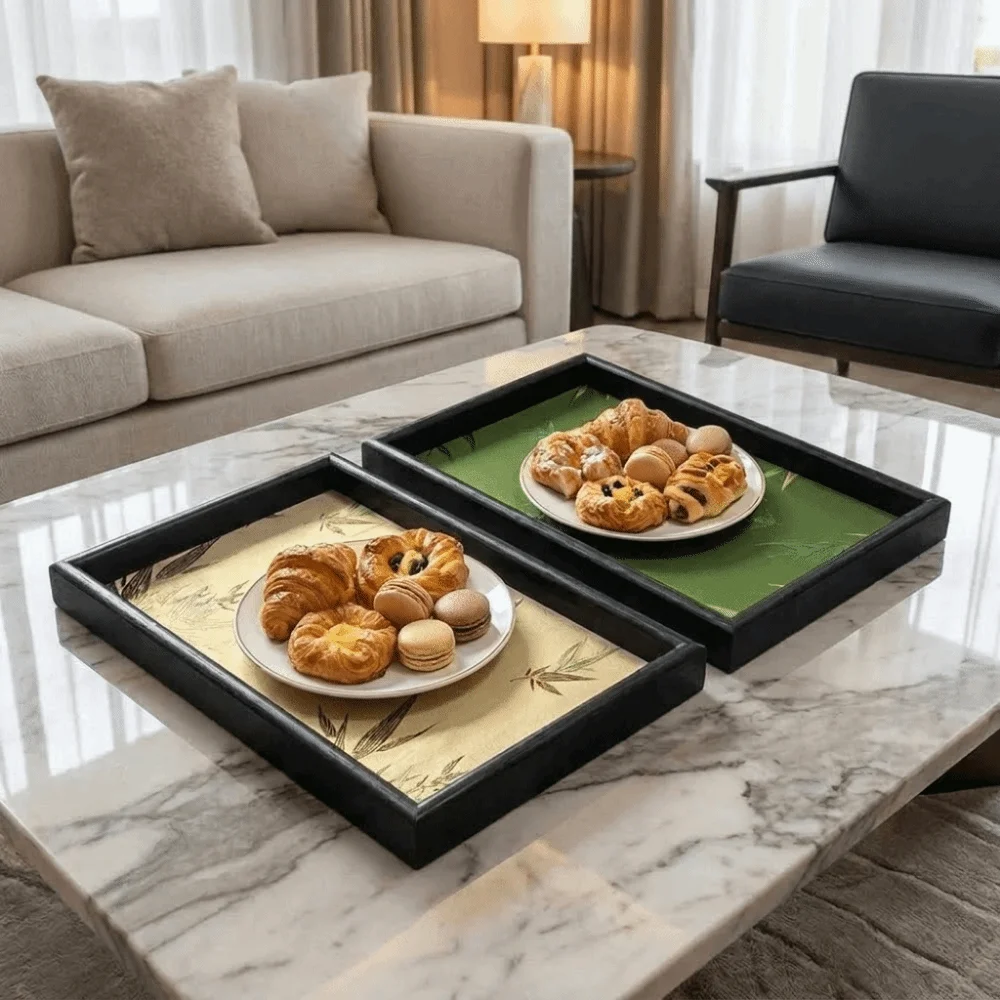 Wooden Bamboo Shadow Embroidered Tray Chinese Style Large Capacity Rectangular Storage Tray Decorative Space Saving