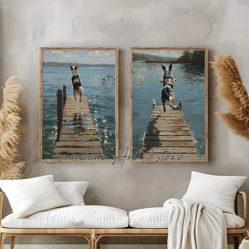 Happy Dog Jumping Off Dock Playing Wild Water Happy Summer Time River Art Poster Canvas Painting Wall Pictures Home Decor Gifts