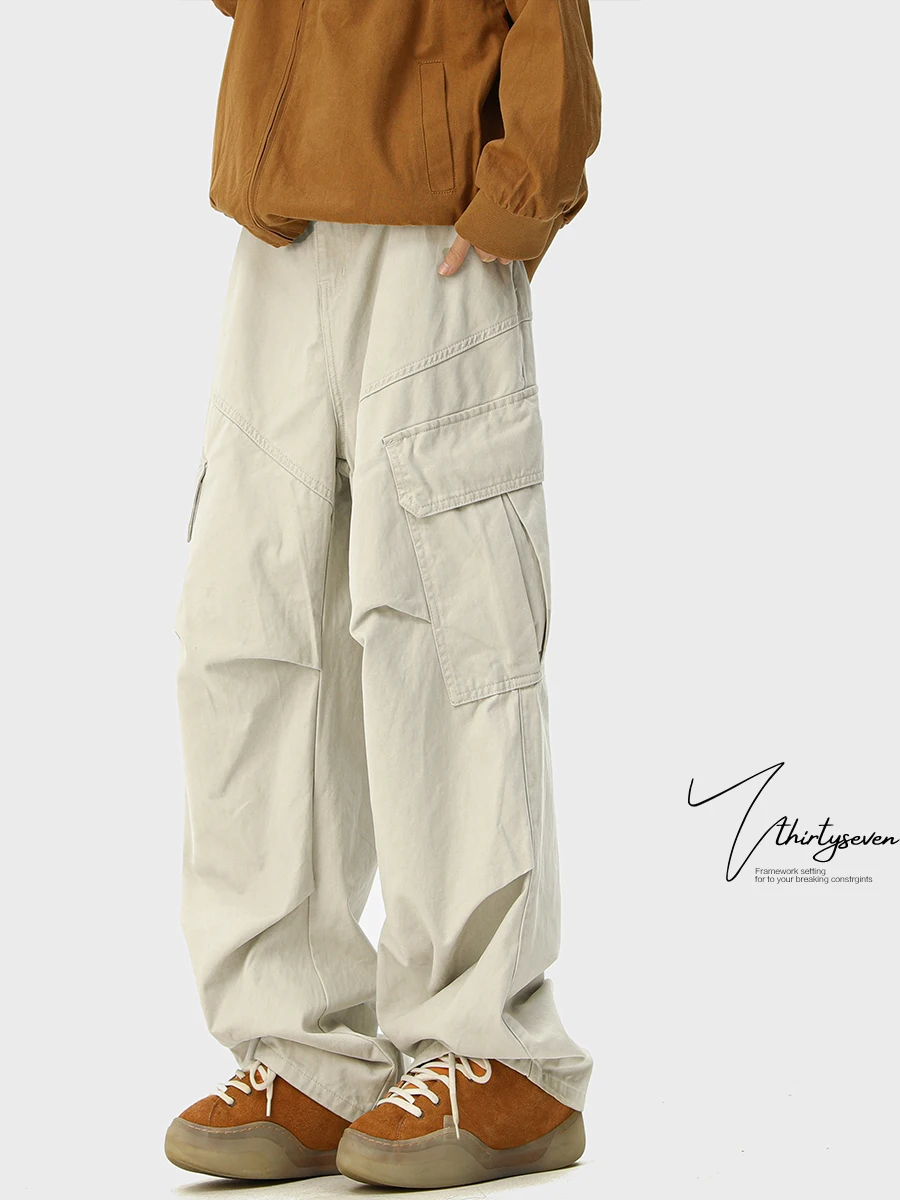 

Американские брюки в стиле ретро, мужские весенне-осенние модные элитные свободные прямые повседневные длинные брюки, прочный хлопок, полиэстер