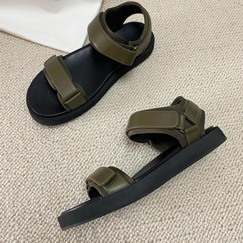 

Maxdutti French Fashion Ladies Genuine Leather Sandals Minimalist Solid Color Soft Thick Bottom Roman Sandals Shoes Women
