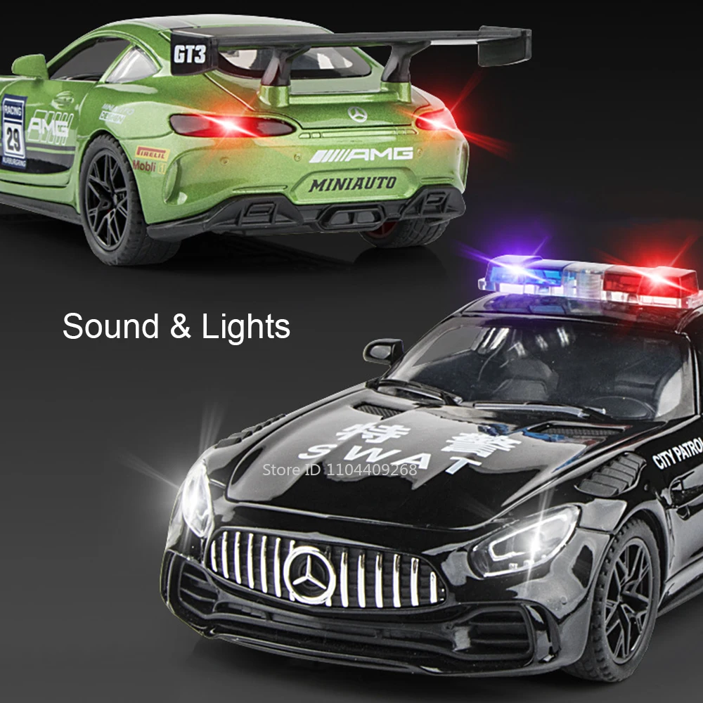 1:32 gt3 pista carro gtr modelo brinquedo som luz puxar para trás corpo de metal pneus de borracha carros da polícia modelos coleção presente para meninos