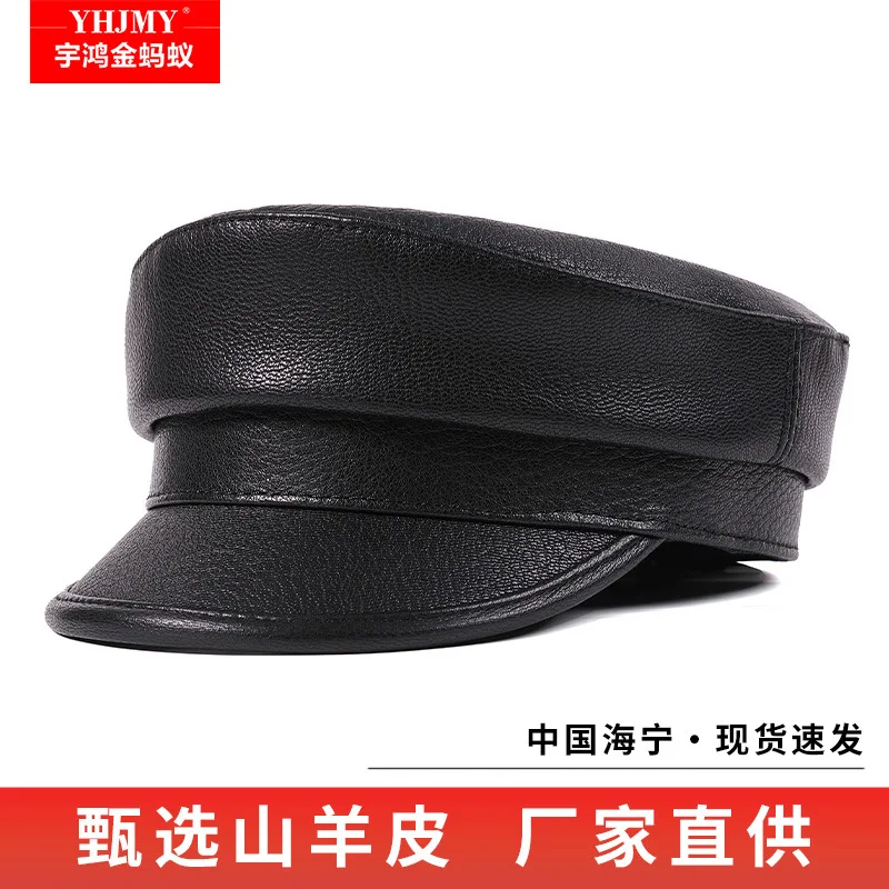 Autumn and winter leather men's Korean version of sheepskin flat top British medium and the elderly cap single hat