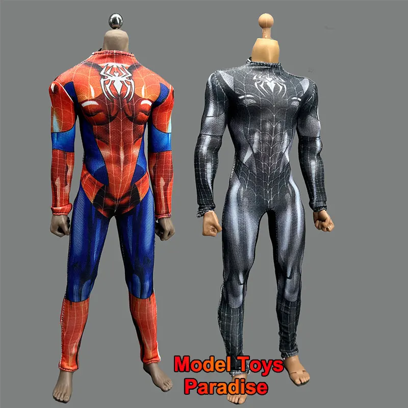 1/6 Soldier Red Black Spider Man Printed High Neck Long Sleeve Tight Jumpsuit Fit 12 Inches  Movable Action Figure Body