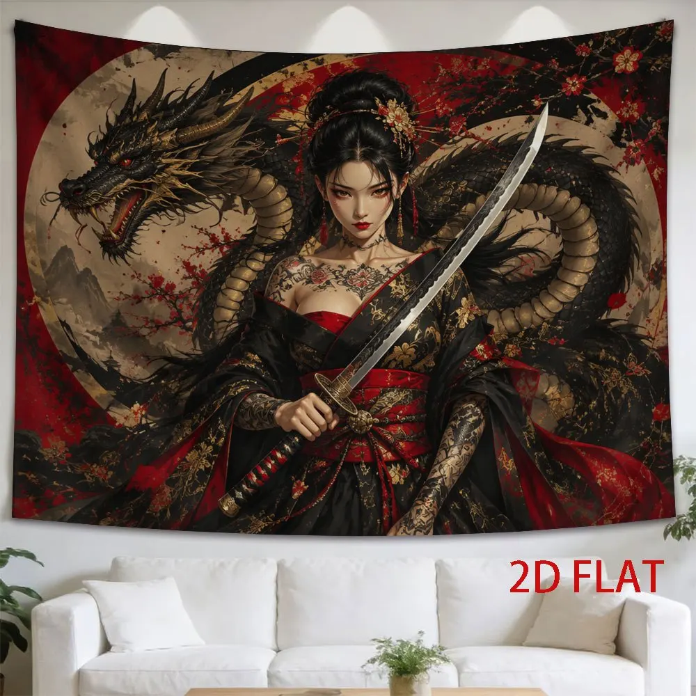 Epic Asian Dragon Warrior Goddess Tapestry Wall Hanging Artwork for Bedroom Living Room Decor