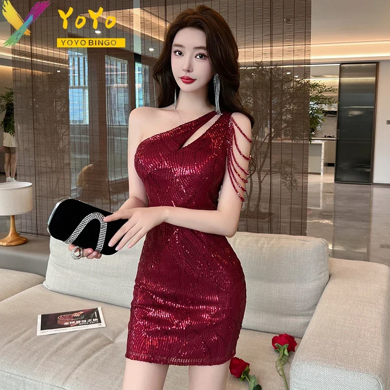 Elegant Luxury Slant Shoulder Hollow Sequin Sleeveless tassel Short Dress Fashion Temperament Slim Party Sexy Nightclub Dress