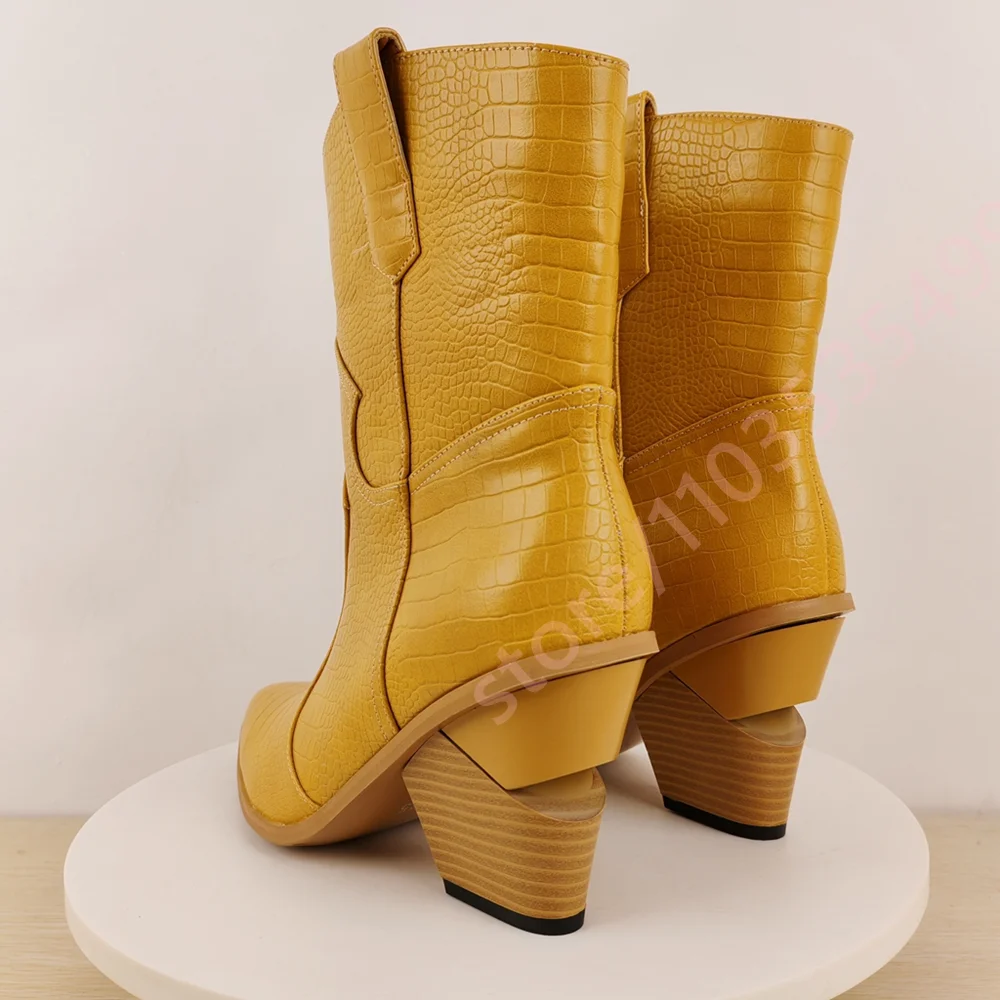 Yellow Crocodile Pattern Western Boots Pointed Toe Wedge Heel Mid Calf Boots Retro Fashion Country Street Ankle Cowgirl Boots