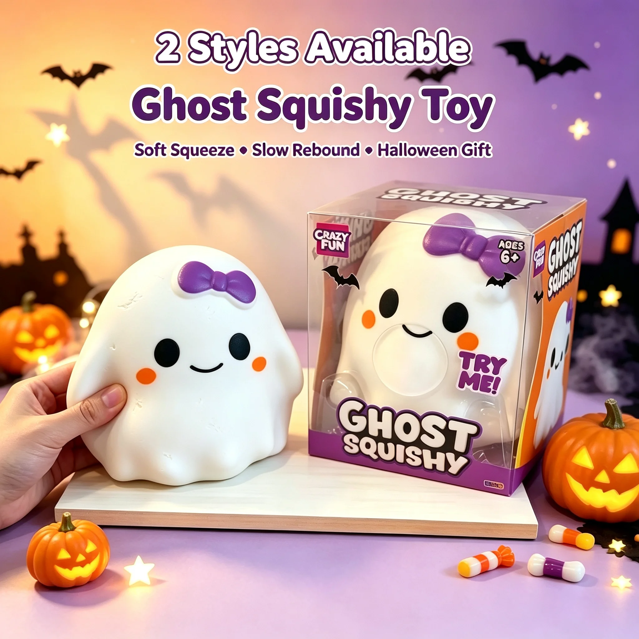 Halloween Smiley Ghost Squeeze Toy, Bow Round Slow Rebound Stress Relief Squishy Doll Kids Party Gift Pendant