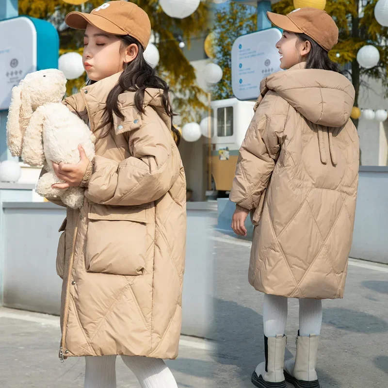 

90% White Duck Down Winter Jacket for Girls Zipper Clothes Waterproof Hooded Children Puffer Coat Loose Kids Long Parka