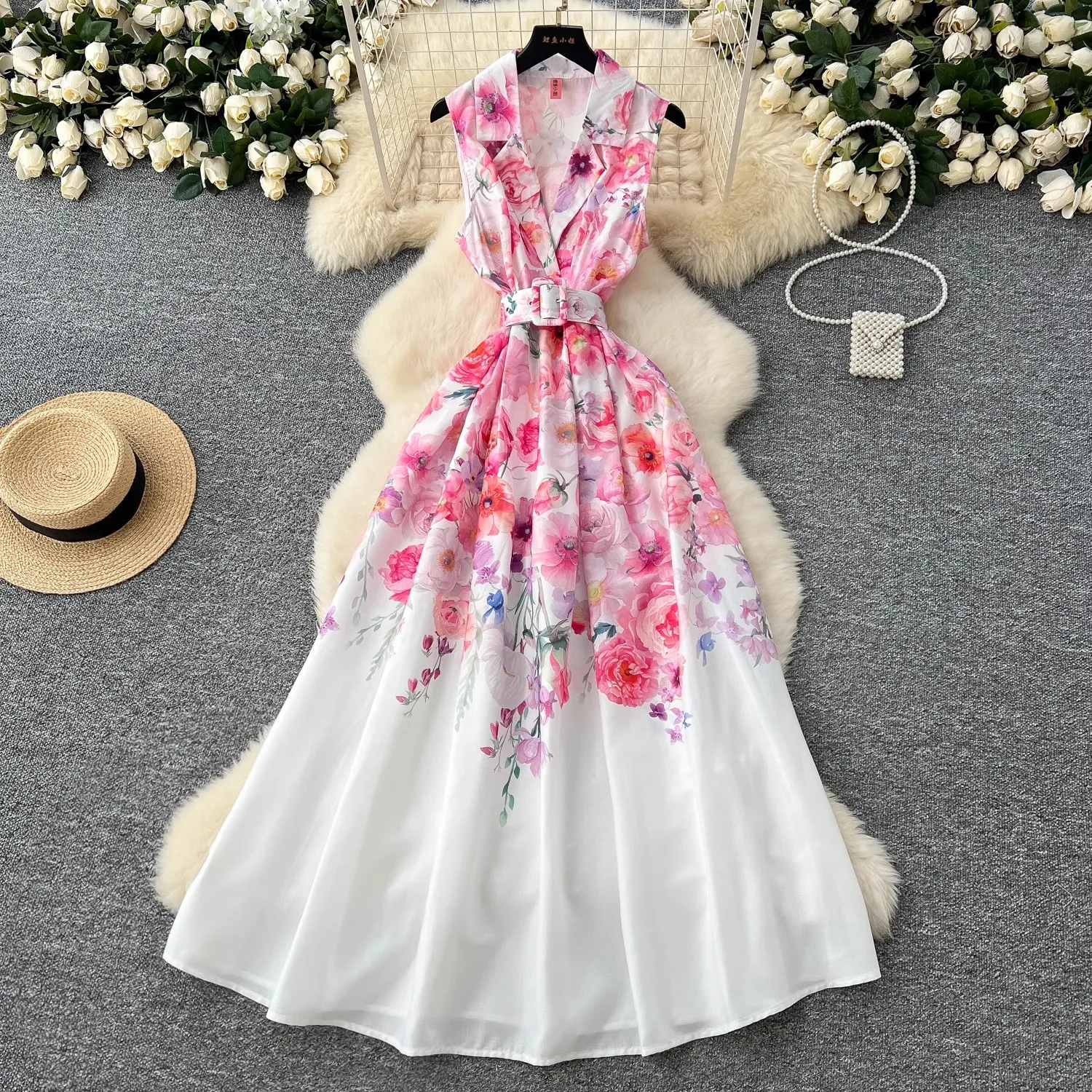 Elegant Flower Print Single Breasted Sashes Vintage Turn-Down Neck Sleeveless Slim Long Dress Evening High Street Beach Clothing