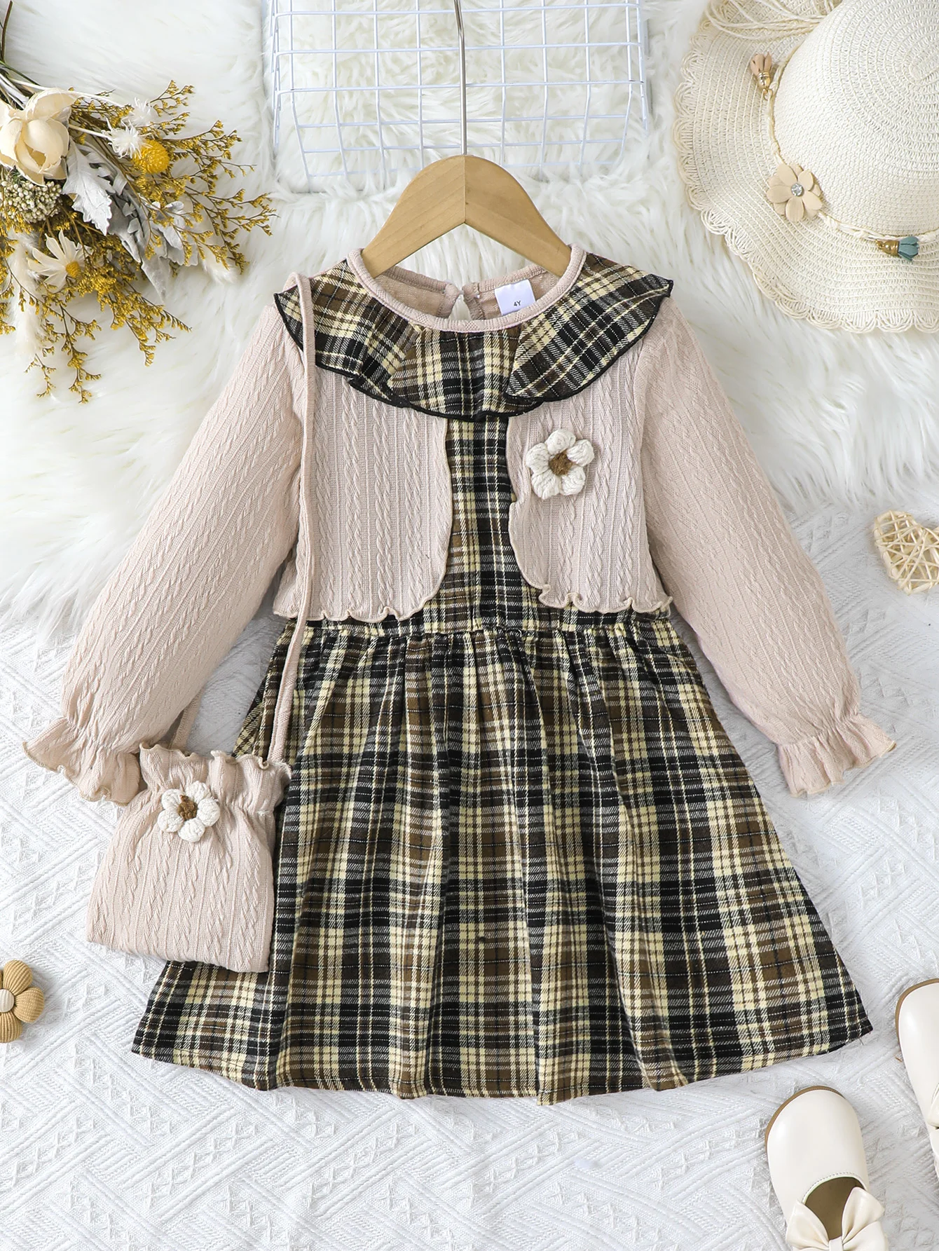 2pcs girls' Fried Dough Twists stitching plaid fake two round neck long sleeve dresses with bags, suitable for autumn and winter