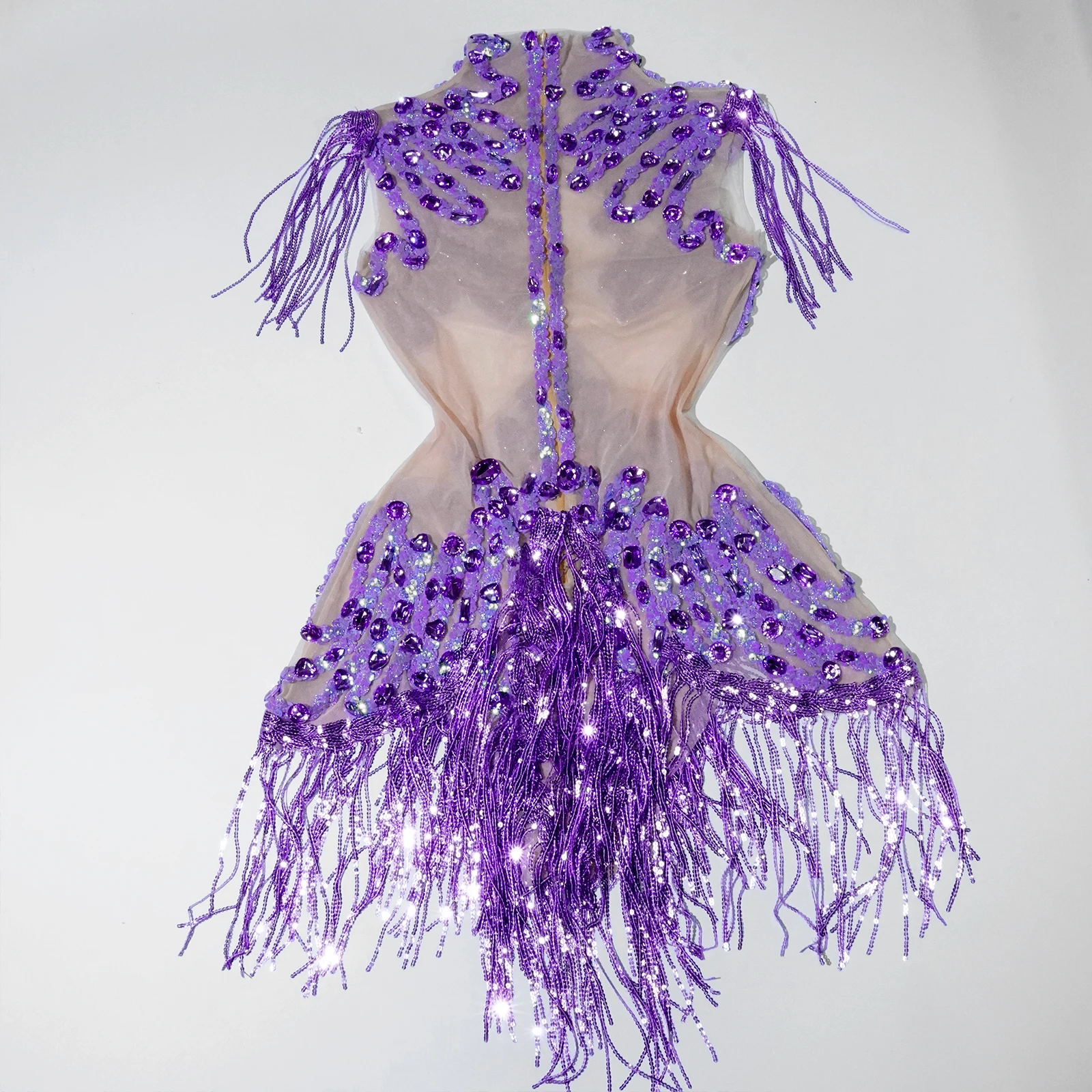 Sparkle Lila Strass Mesh Quasten Trikot Drag Queen Body Bühne Sängerin Leistung Femme Sexy Gogo Kostüm Nachtclub