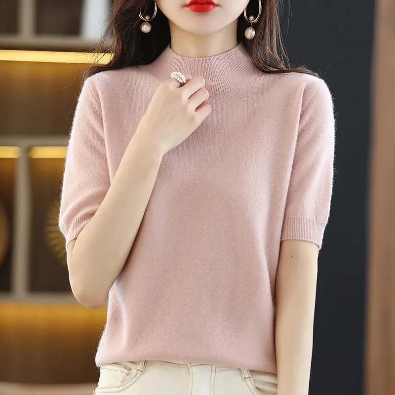 Summer Cashmere Sweater Women Solid Short Sleeve Pullovers Jumper Knitted Sweaters