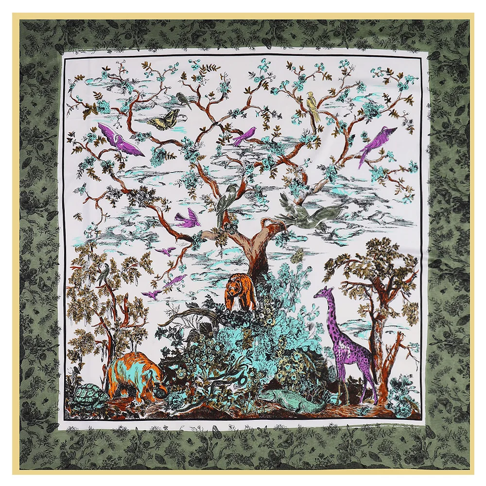 

100% Twill Silk 2024 Scarf Women Animals Tree Square Scarves Large Bandana Big Kerchief Hijab Scarf Female Head Scarf Foulard