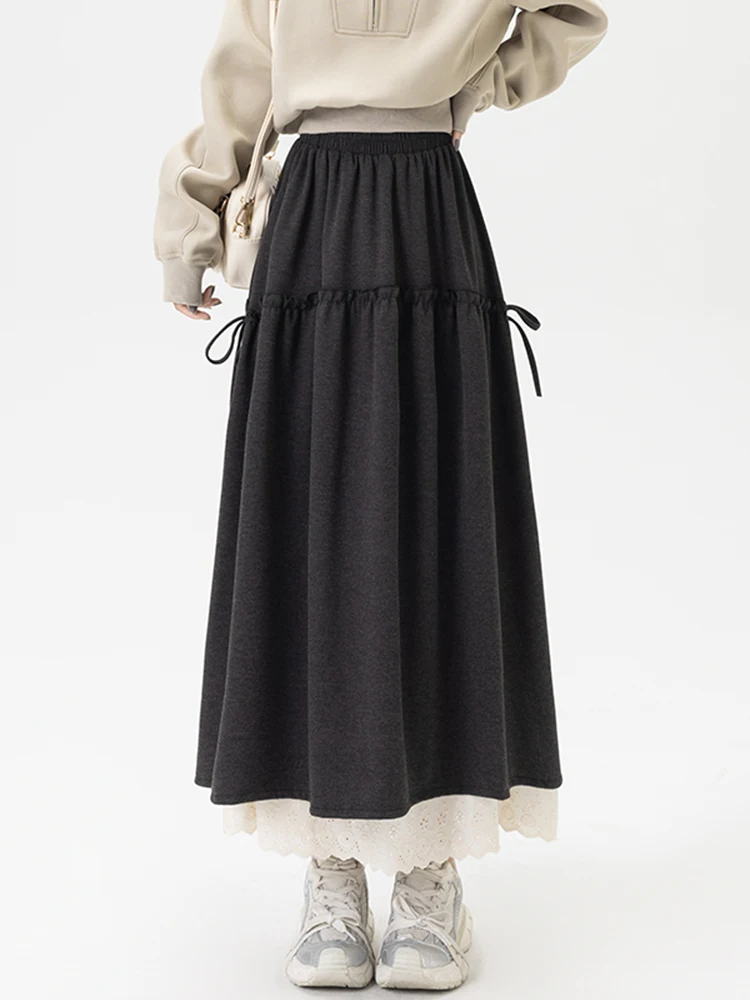 Saia Bla de Cintura Alta em A com Painéis de Renda e Cinto Primavera 2026 Moda Feminina Ciwalk Ajuste Solto com Zíper