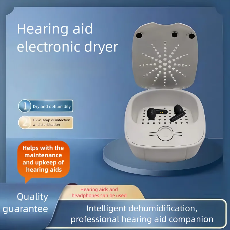Special electronic dryer for hearing aids, used for dehumidification, disinfection, and maintenance of hearing aids to extend th