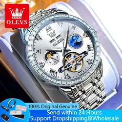 OLEVS 6712 Original Automatic Watch Diamond Bezel Skeleton Moon Phase Mechanical Watch For Men Waterproof Luxury Man Wristwatch
