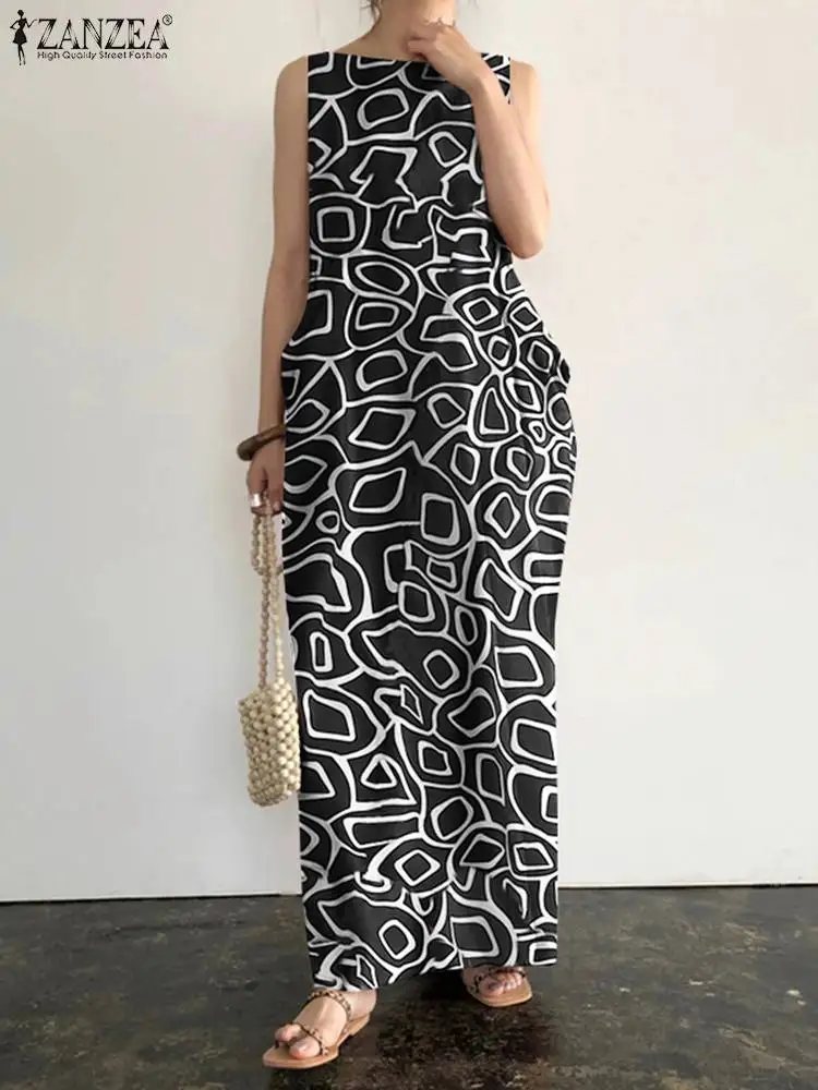 Bohemian Zomer Vrouwen Maxi Vestidos Zanzea Mouwloze Zomerjurk Met Bloemenprint 2024 Zakken Tankgewaad Casual Losse Feestjurken