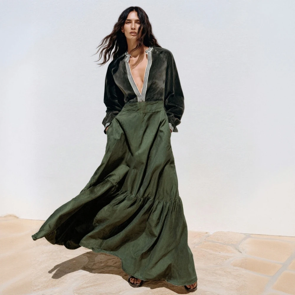 تنورة نسائية طويلة أنيقة ذات لون سادة من High Street على شكل حرف A بخصر طبيعي موضة الصيف والخريف