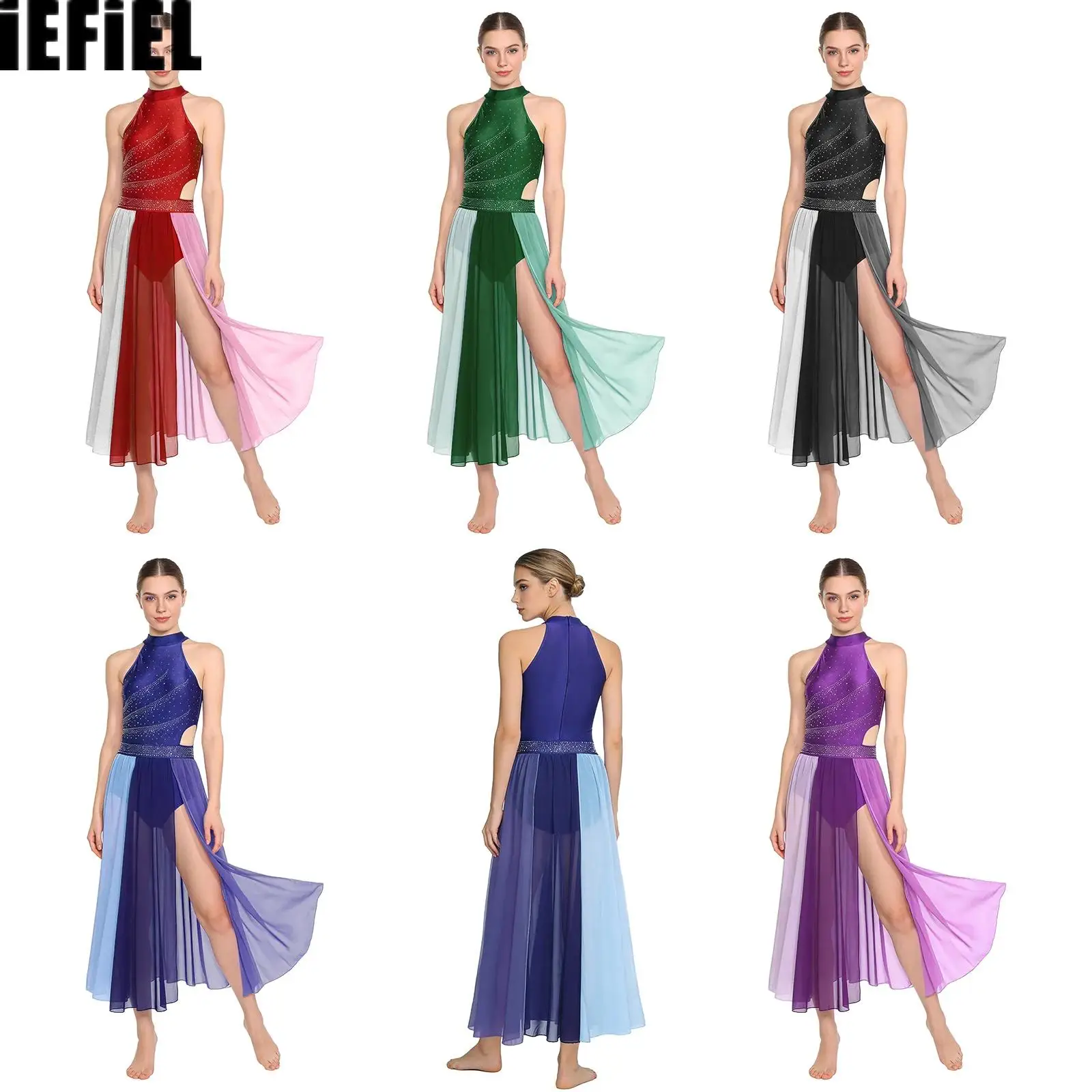 

Womens Lyrical Dance Dress Rhinestone Sleeveless Color Blocking Mesh Slit Hem Leotard Dress Modern Dance Costume